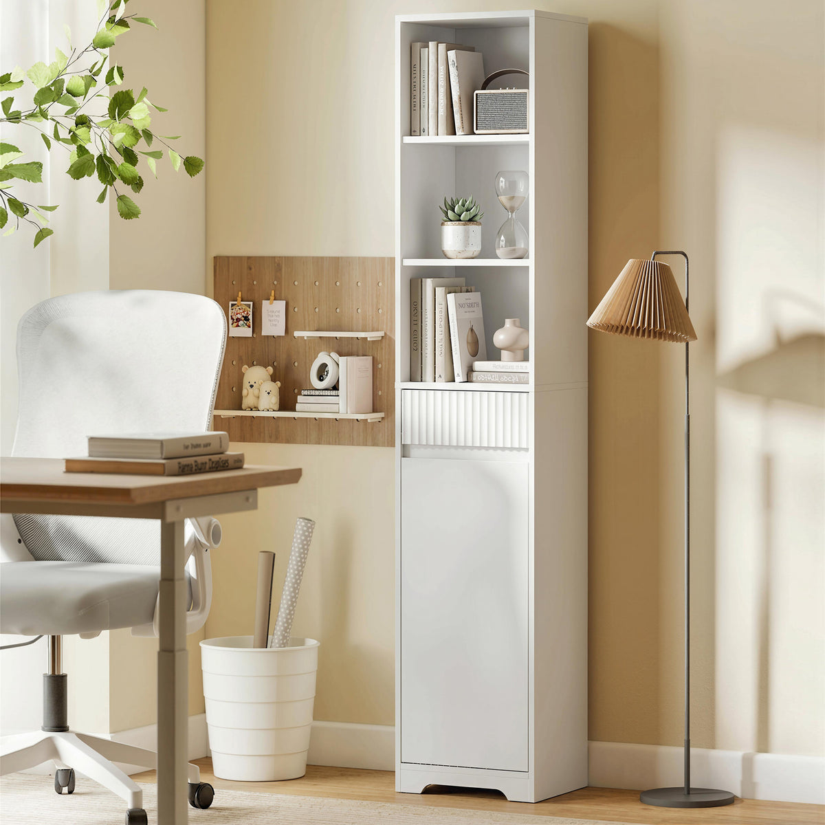 Meuble de salle de bain haut, meuble de rangement avec porte, tiroir, compartiments ouverts, étagère réglable, blanc-8