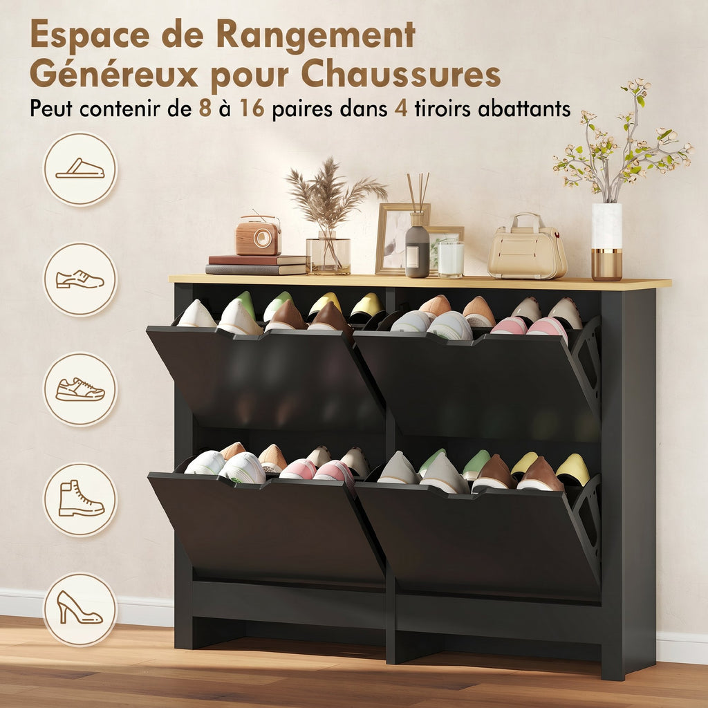 Meuble à chaussures 16 paires, armoire à chaussures avec 4 tiroirs rabattables étagères réglables, noir et bois naturel-4