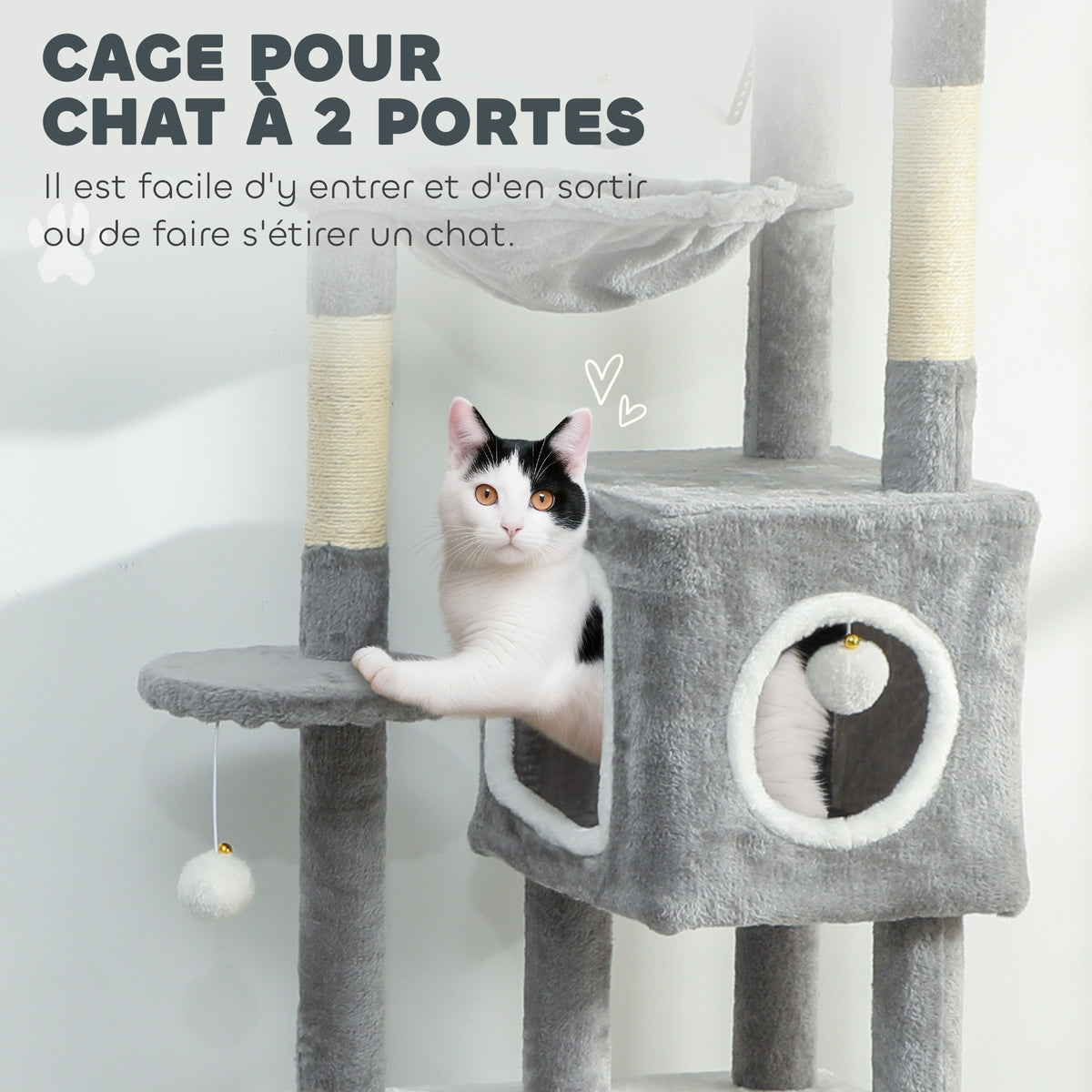Arbre à chat tour de jeux pour chats centre d'activités 2 niches plateformes hamac échelle et 4 pompons 165 cm gris-4