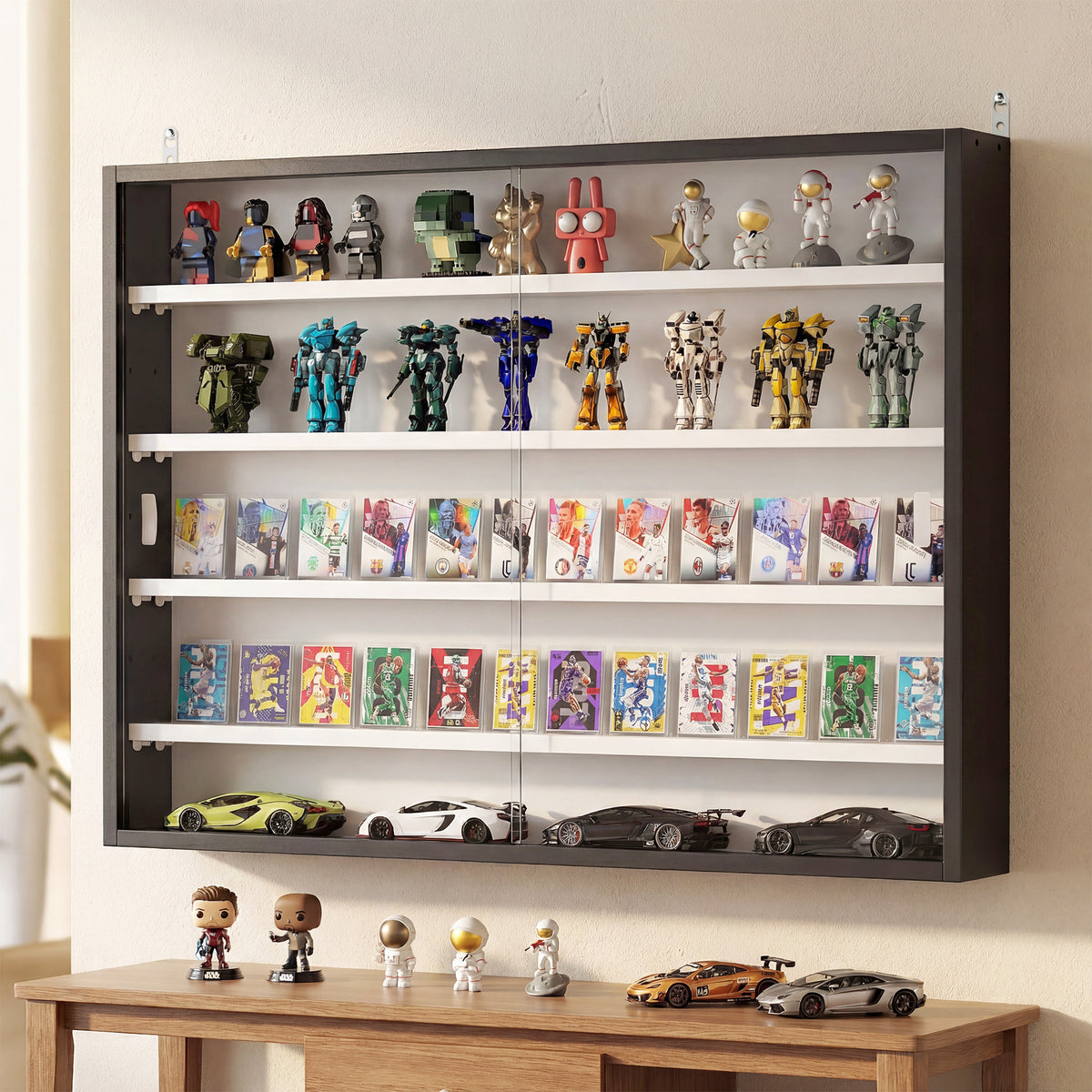 Vitrine murale pour objets de collection 4 étagère réglables en hauteur et 2 portes coulissantes 80 x 9,5 x 60 cm noir-1