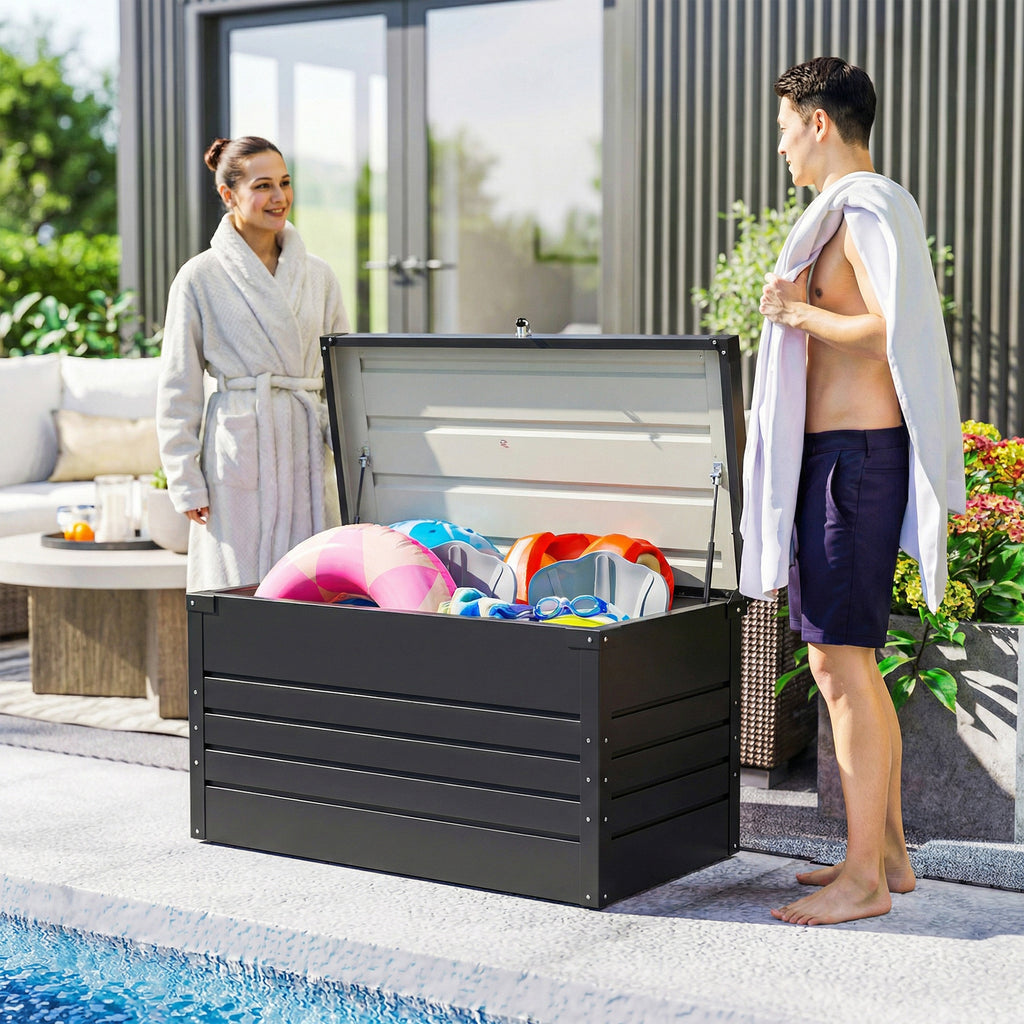 Coffre de rangement métal boîte de jardin 350L double vérins à gaz  verrouillable pour coussins outils gris anthracite-7