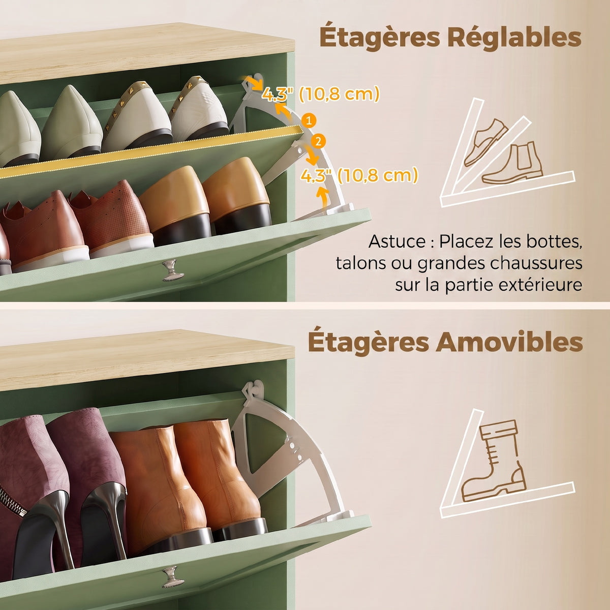 Meuble à chaussures 24 paires, armoire à chaussures avec 4 tiroirs rabattables, étagères réglables, 60x23,5x153cm, vert-4