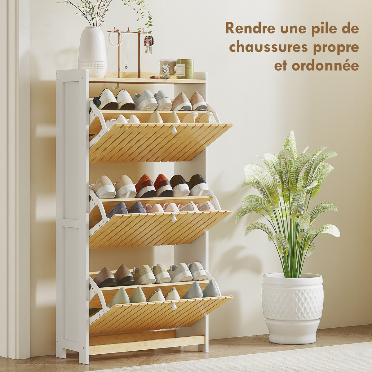 Meuble à chaussures 18 paires avec 3 tiroirs rabattables, portes en bambou à lattes, 60x24x118cm, blanc et bois naturel-3
