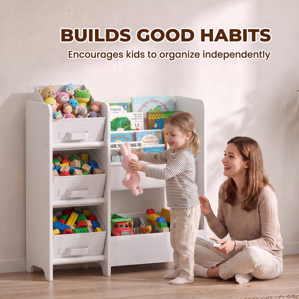 Meuble Rangement Enfant à 3 Niveaux avec 4 Porte-livres, 3 Bacs en Tissu et Compartiment, 64,5 x 30 x 66 cm, Blanc-7