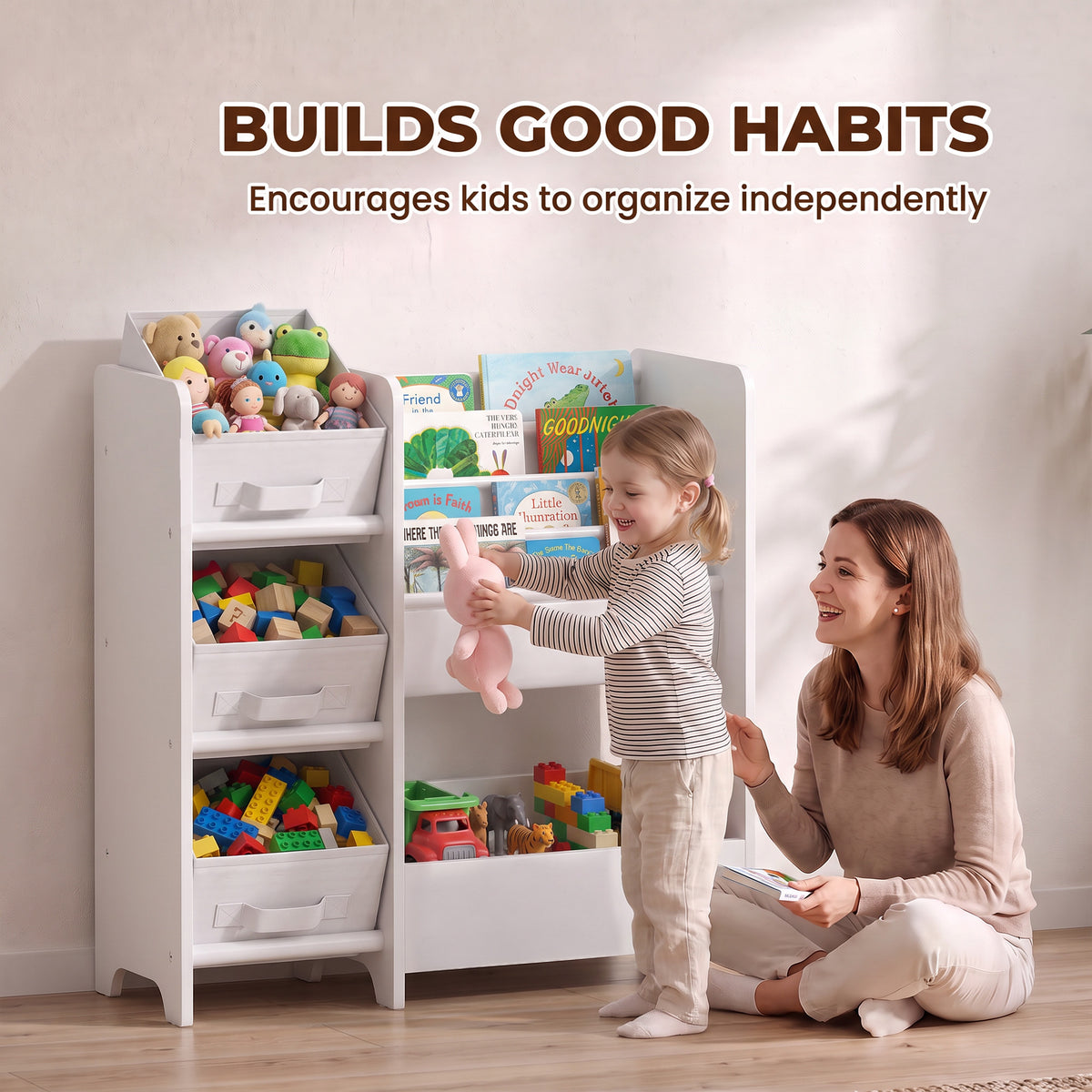 Meuble Rangement Enfant à 3 Niveaux avec 4 Porte-livres, 3 Bacs en Tissu et Compartiment, 64,5 x 30 x 66 cm, Blanc-7