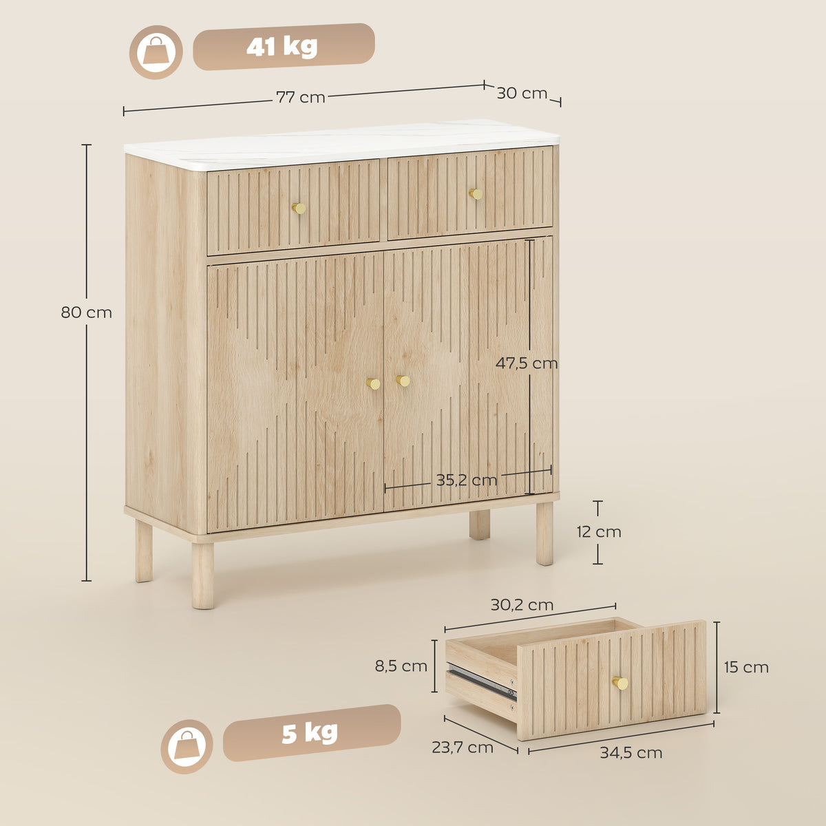 Buffet, meuble de rangement cannelé avec plateau effet marbre, 2 tiroirs, 2 portes, étagère réglable, 77x30x80cm, chêne-2