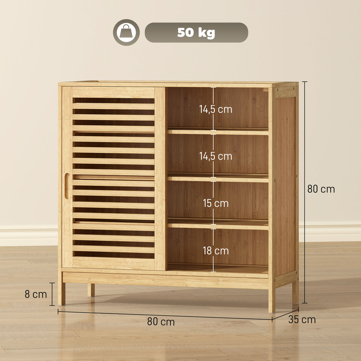 Meuble à chaussures en bambou 16 paires, armoire à chaussures, 2 portes coulissantes, étagères réglables, bois naturel-2