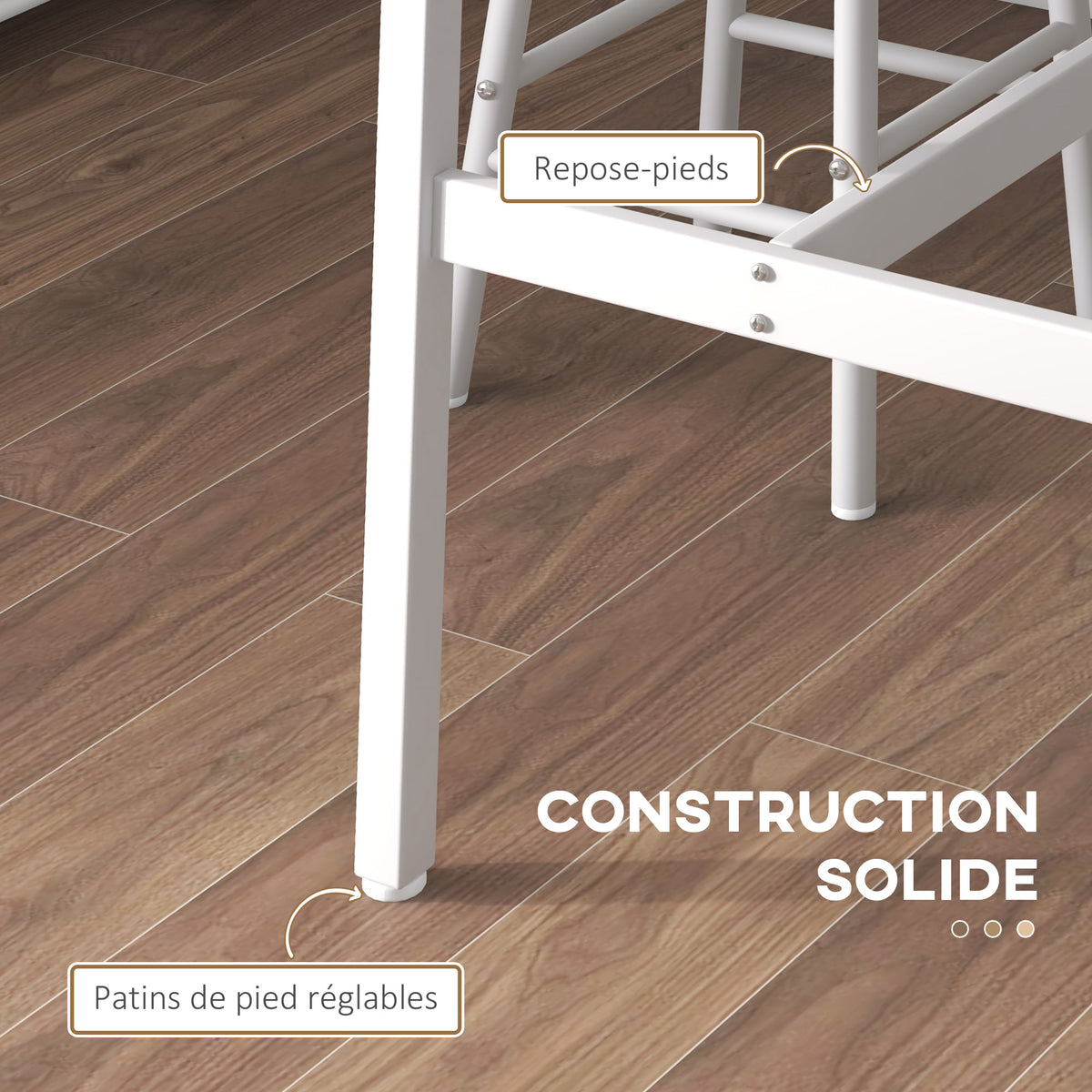 Ensemble table haute de bar + 2 tabourets structure en acier plateau aspect bois naturel 2 personnes blanc-5