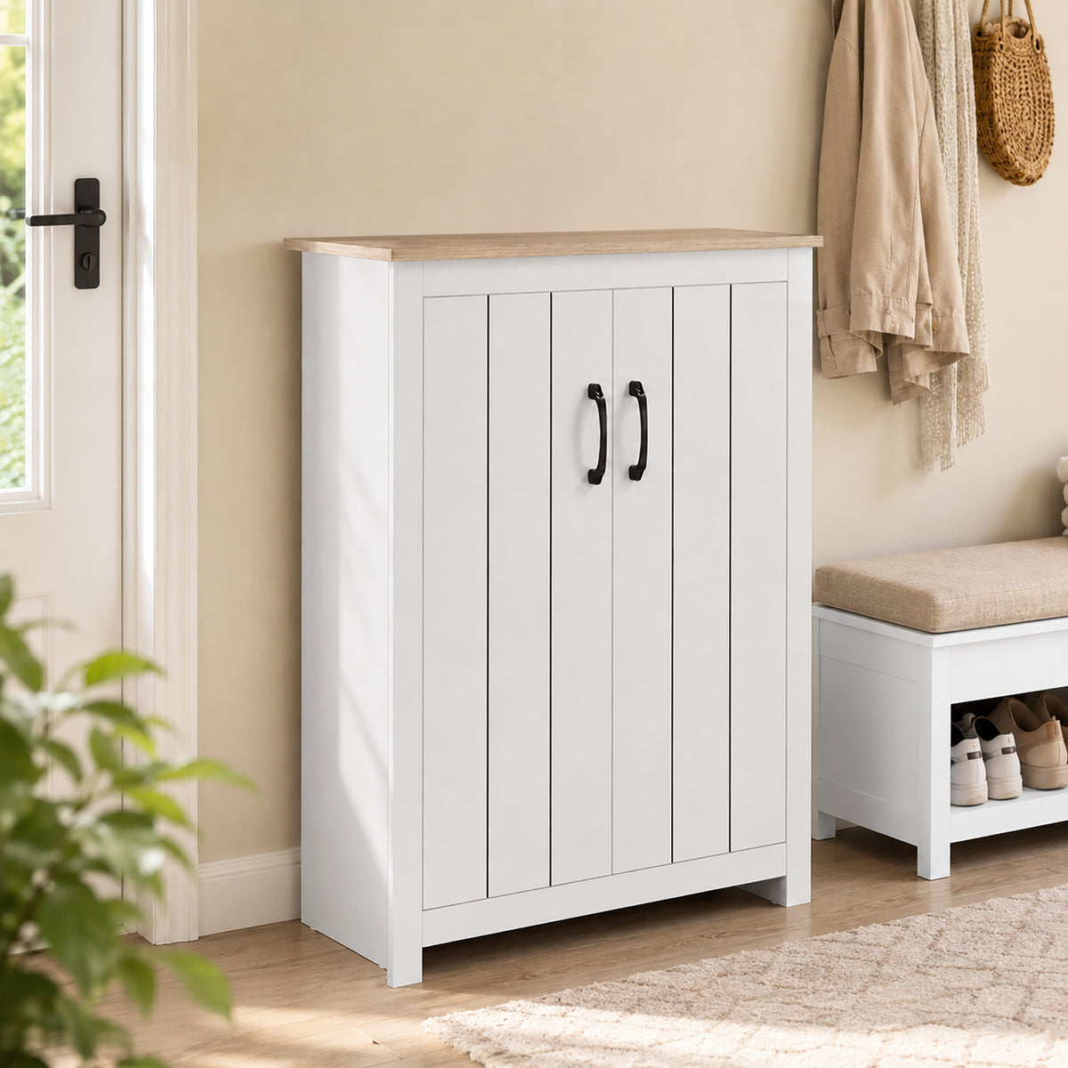 Meuble à Chaussures 4 Niveaux 12 Paires Armoire à Chaussures 2 Portes et Étagères Réglables 80x32,8x105cm Chêne et Blanc-1