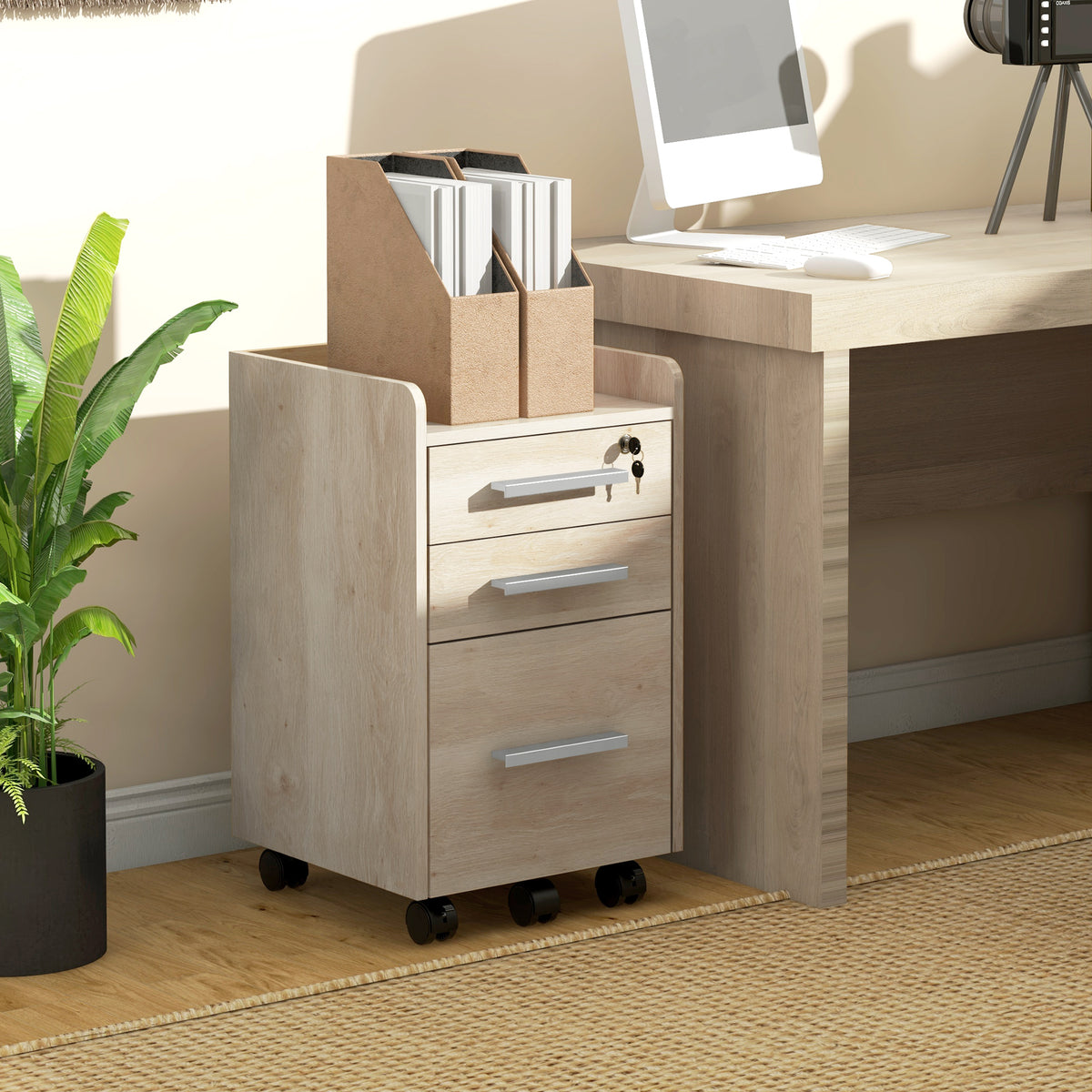 Caisson de bureau rangement bureau sur roulettes 3 tiroirs 1 verrouillable 1 trieur dossiers en bois beige-1