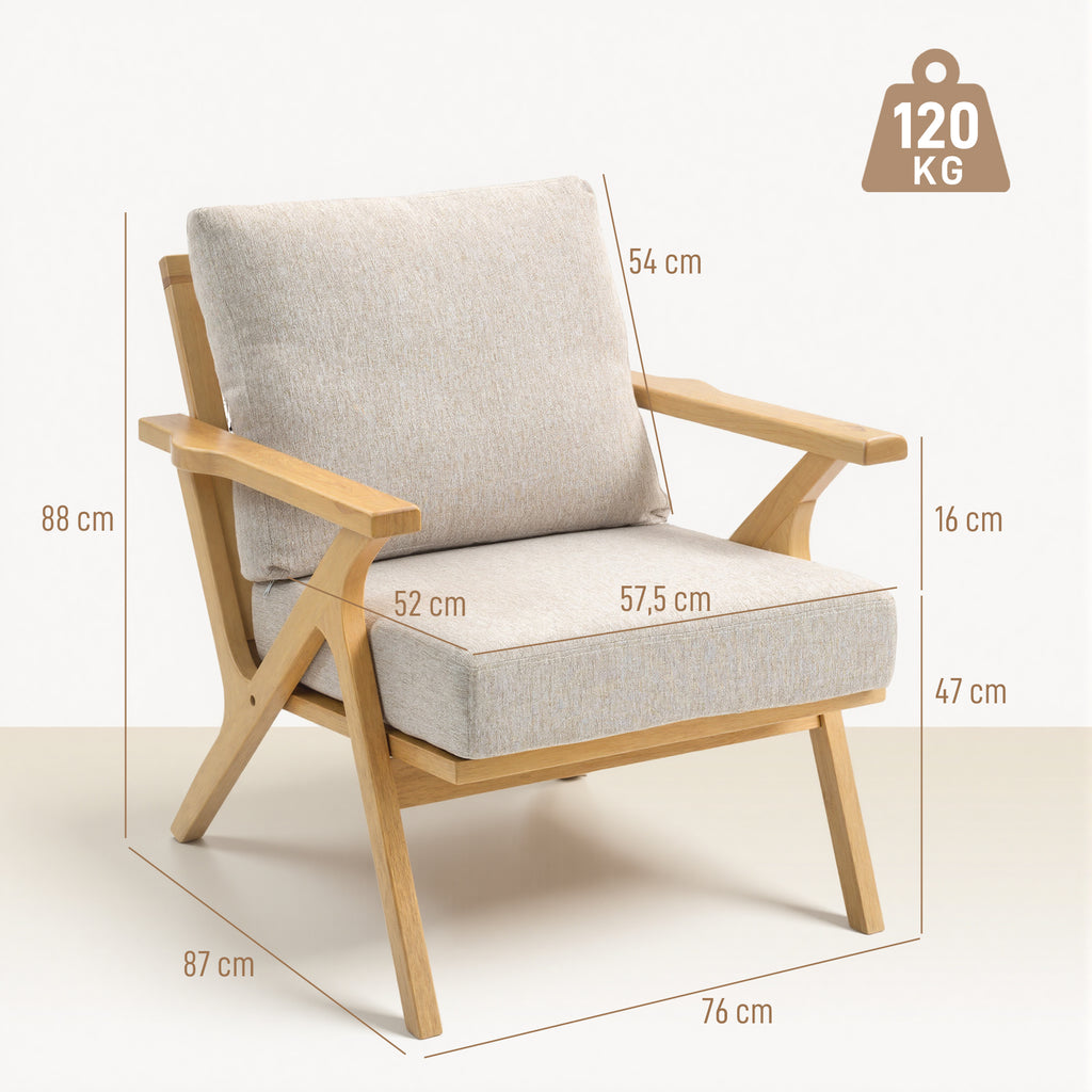 Fauteuil salon, fauteuil scandinave en tissu effet lin, coussins rembourrée et pieds en bois d'hévéa, 76x87x88cm, beige-2