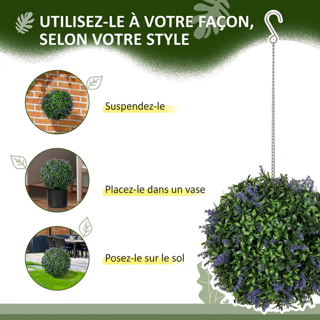 Lot de 2 boules topiaires artificielles, fausses plantes décoratives résistantes aux UV, Ø 27 cm, violet et vert-5