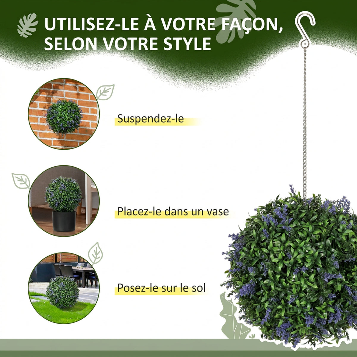 Lot de 2 boules topiaires artificielles, fausses plantes décoratives résistantes aux UV, Ø 27 cm, violet et vert-5
