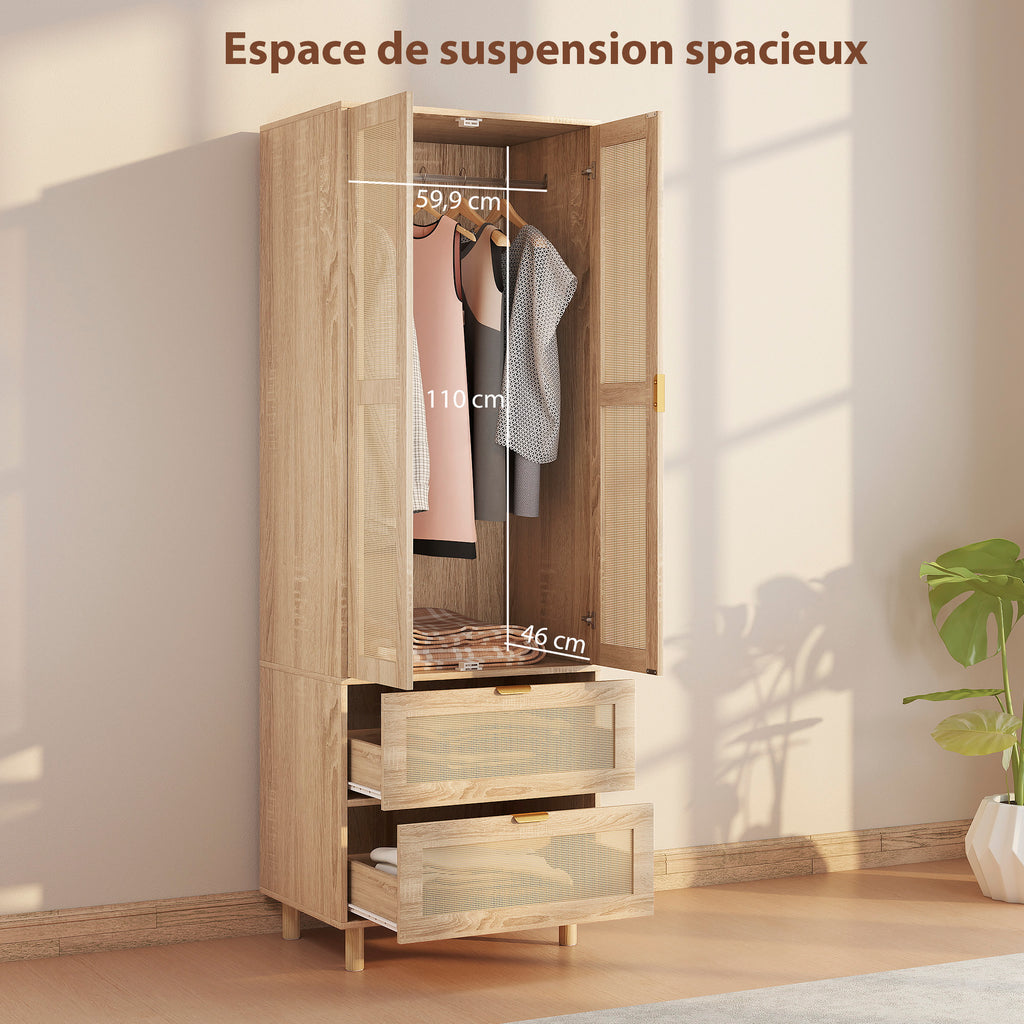 Armoire chambre penderie avec 2 portes en rotin, 2 tiroirs et barre de suspension, 63 x 47 x 185 cm, bois naturel-3