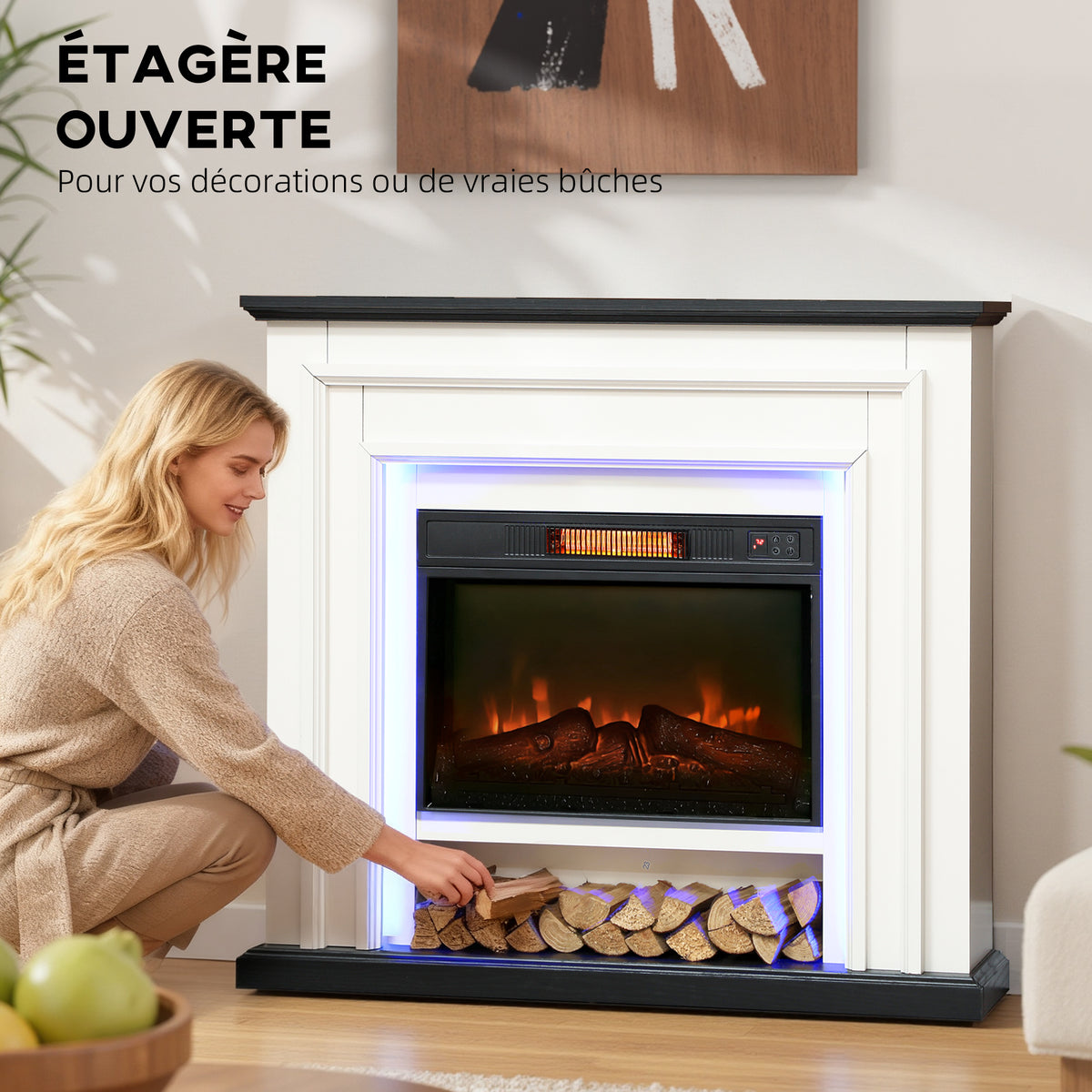 Cheminée électrique 1800W, fausse cheminée décorative lumières LED RGB, effet flamme, manteau, 105 x 27 x 97 cm, noir-4