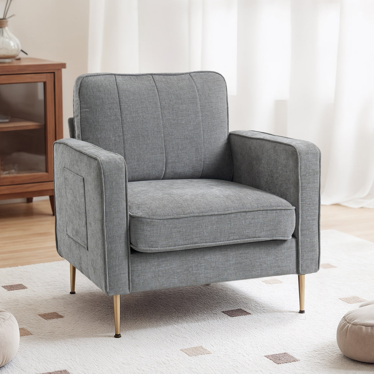 Fauteuil en tissu avec pieds en acier doré, grand confort, pochettes latérales, pour salon, bureau, chambre, gris-8