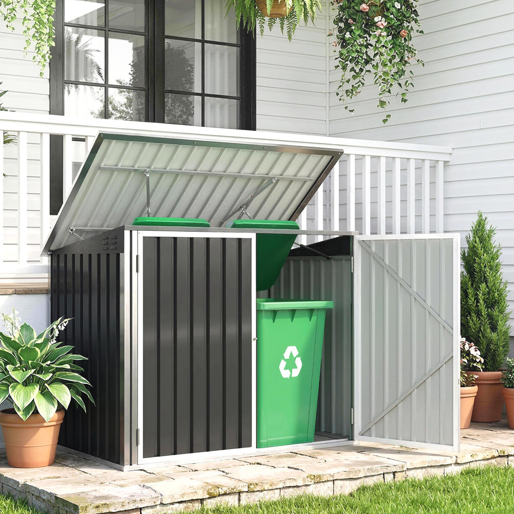 Cache Poubelle Double Abri de Jardin 2 Poubelles de 240L Couvercle Lié par Chaînes Vérins à Gaz 179,5x108x129,5cm Gris-1