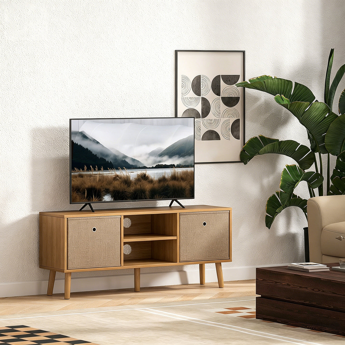 Meuble TV bas sur pieds style contemporain avec 2 tiroirs en tissu dim. 110L x 29l x 46,5H cm - passe-câbles - MDF-1