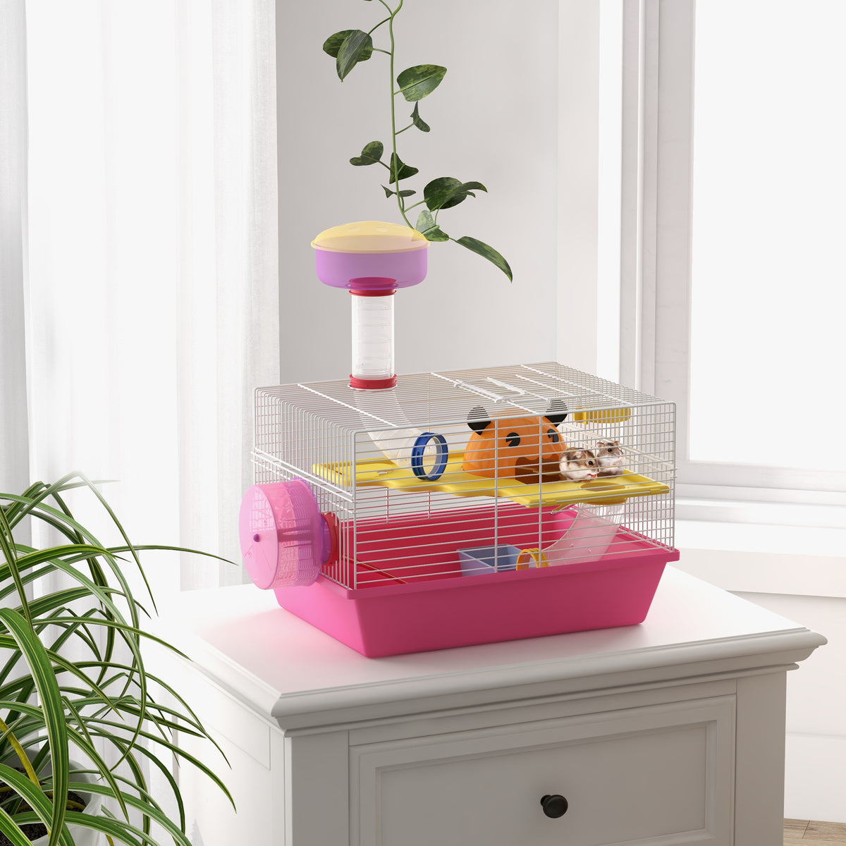 Cage à hamster rat rongeur multicolore avec plateforme, biberon eau, roue, maisonnette, 34 x 27 x 25 cm, rose-1