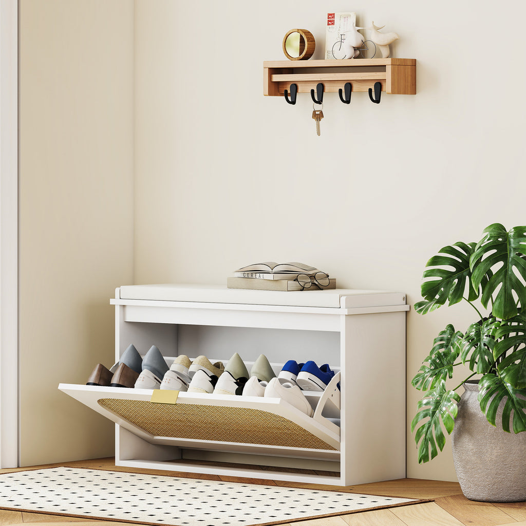 Banc à chaussures, banc de rangement, assise rembourrée, tiroir rabattable, porte en rotin, 80 x 26 x 47,5 cm, blanc-9