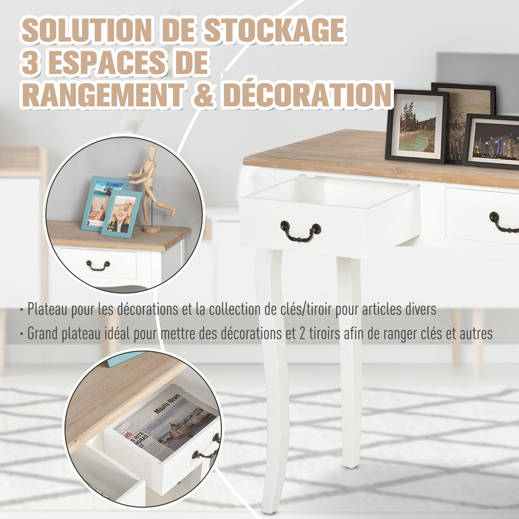 Table Console Table d'entrée Bout de Canapé Style Mexicain 2 tiroirs dim. 87L x 34l x 78H cm MDF Bois Massif pin Clair Blanc-3