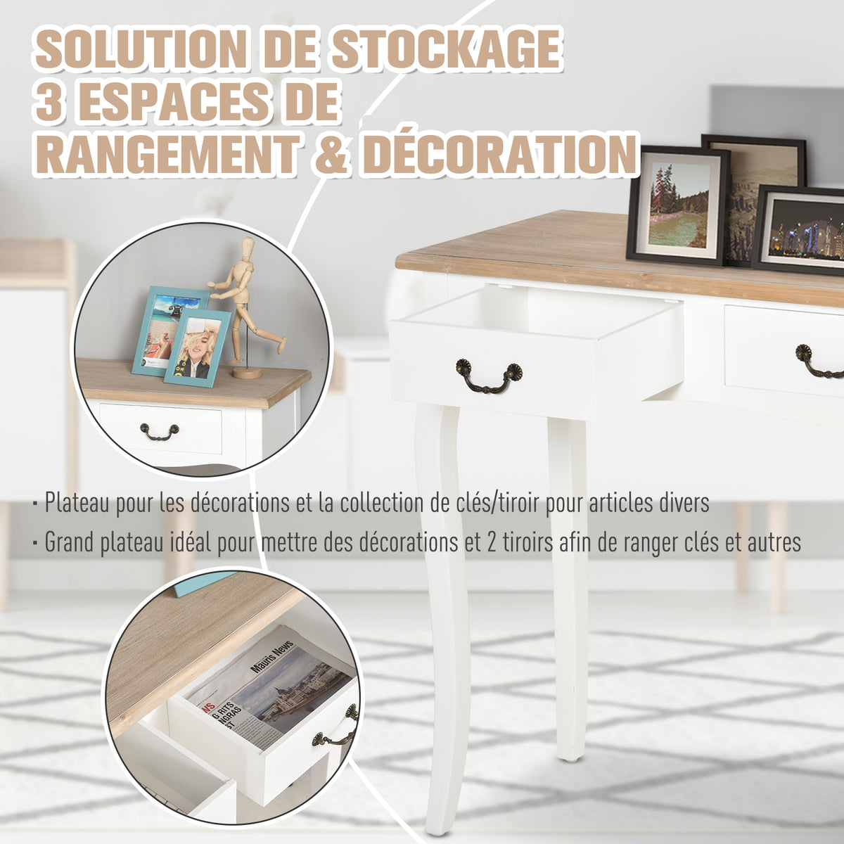 Table Console Table d'entrée Bout de Canapé Style Mexicain 2 tiroirs dim. 87L x 34l x 78H cm MDF Bois Massif pin Clair Blanc-3