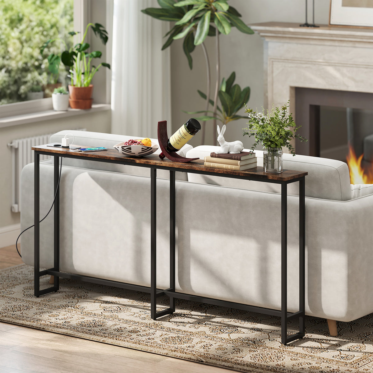 Table console étroite style industriel avec prises de courant et USB, pour salon entrée couloir, 160x20x80cm, marron-7