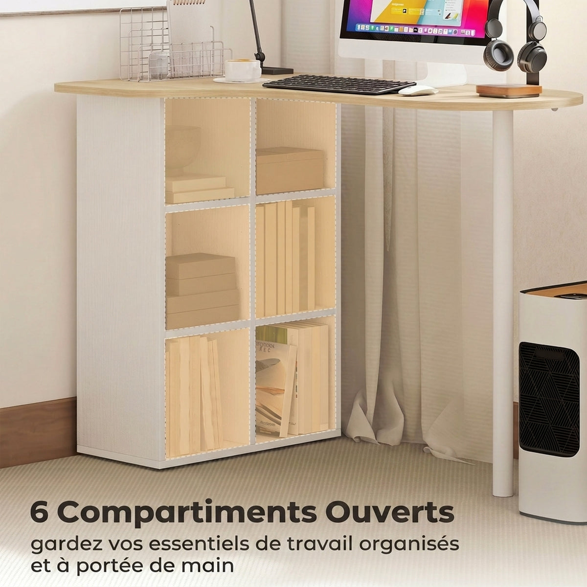 Bureau irrégulier table d'ordinateur 100 x 59 cm avec 6 compartiments, 4 étagères réglables et cadre en acier, chêne-4
