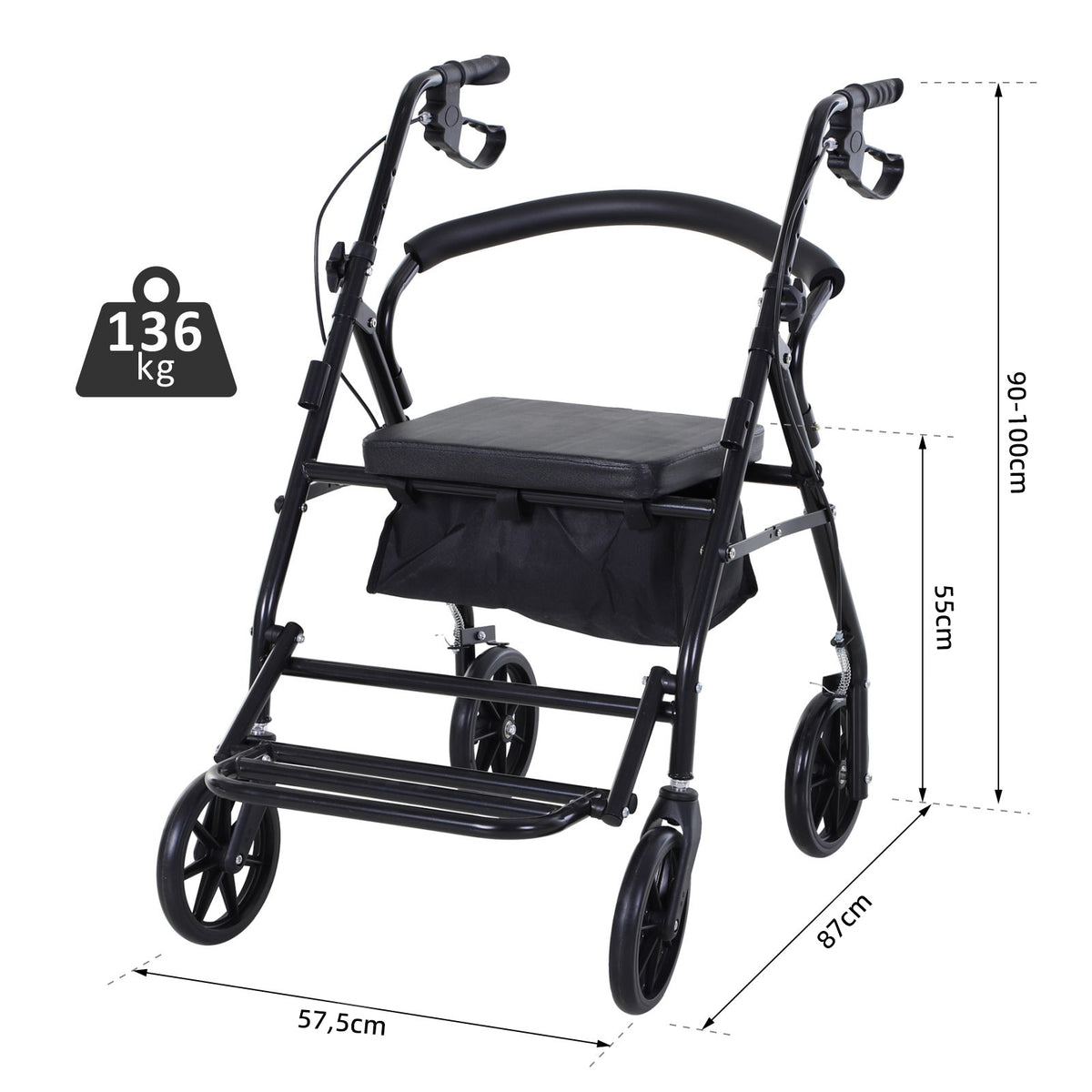 Déambulateur 4 roues - déambulateur pliable léger - assise + dossier rembourré - poignées ergonomiques, freins à main - panier rangement - cale-pied - métal noir-2