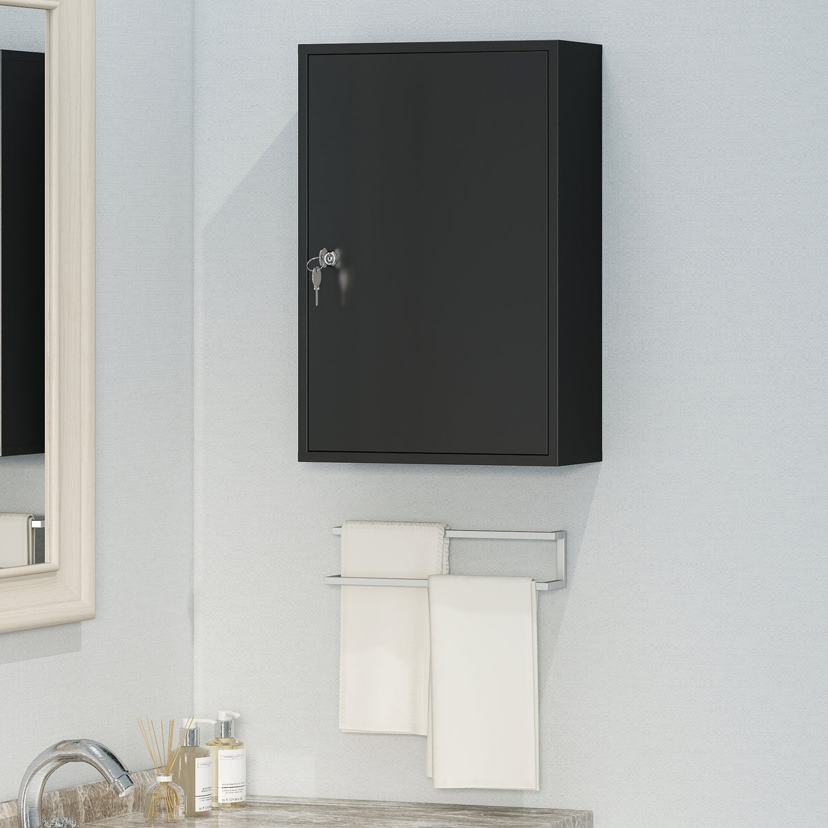 Armoire à Pharmacie 2 Étagères 3 Niveaux Verrouillable, Dim. 40L x 18l x 60H cm, 2 Clés, Métal, Noir-1