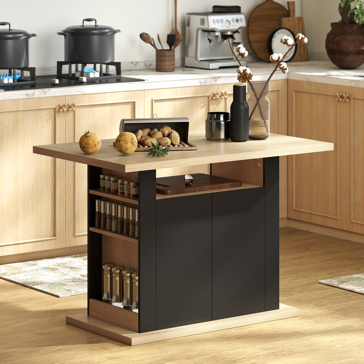 Table à manger ilot central cuisine avec grand plan de travail 4 personnes placard 4 portes 110 x 70 x 75,5 cm noir-9
