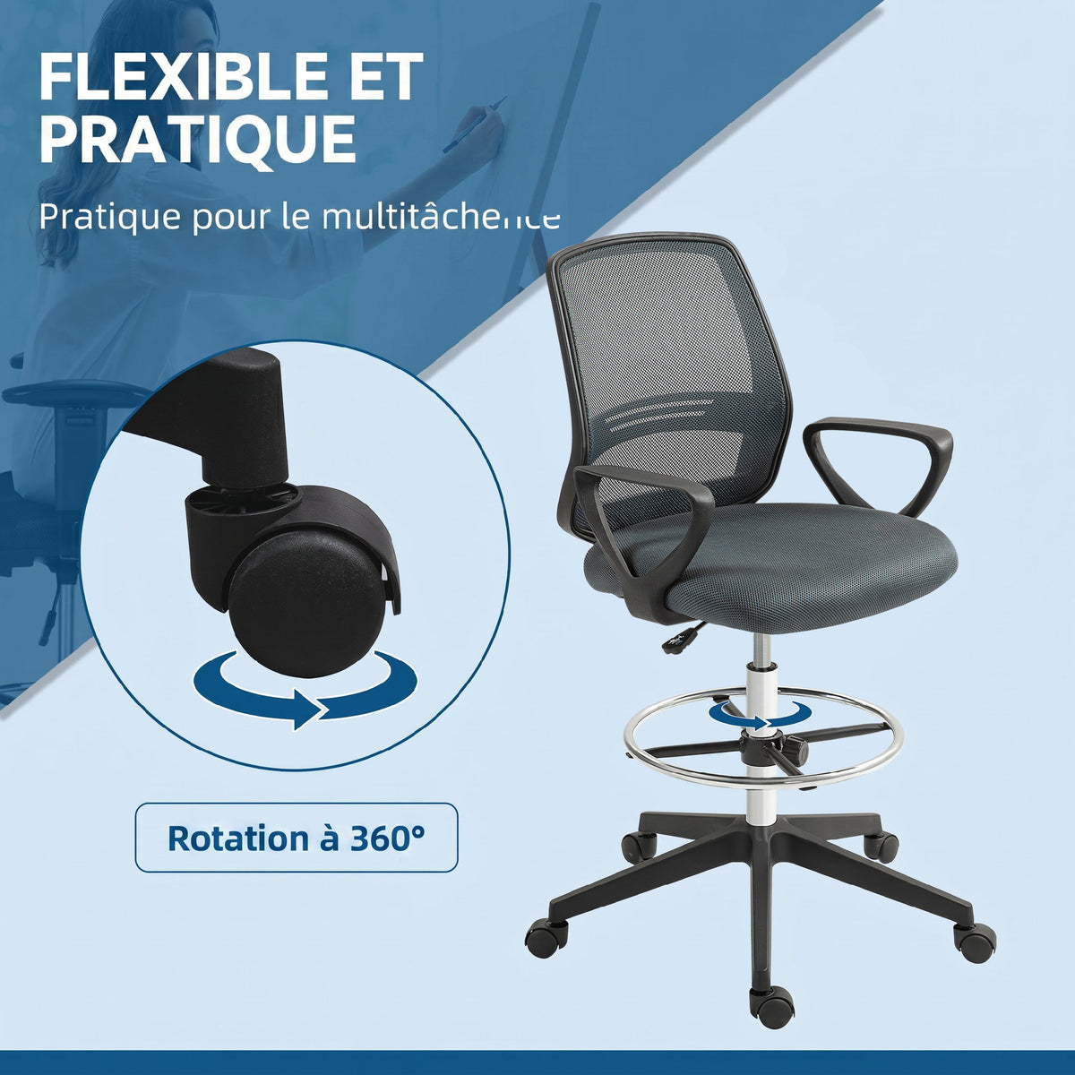 Fauteuil de bureau chaise de bureau assise haute réglable tabouret de bureau pivotant 360° maille respirante-6