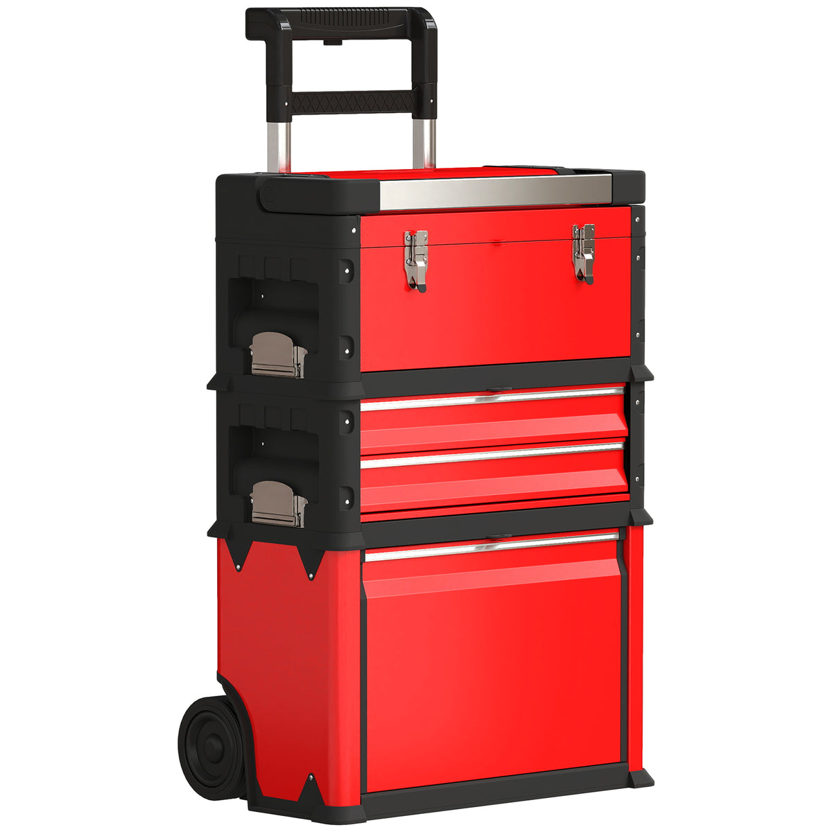 Lot de 3 boîtes à outils sur roulettes empilables et modulaires en acier avec plateau, poignées et serrure, rouge-0