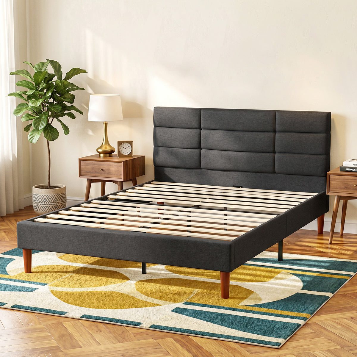 Cadre de Lit 140 x 200 cm avec Sommier Bois, Lit Double Rembourré en Effet Lin, Rangement au-dessous, Sans Bruit, Gris-7