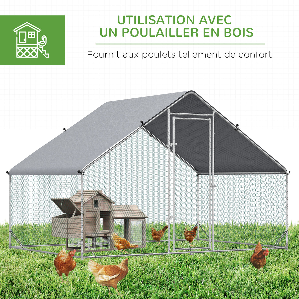 Enclos pour Poules XXL 6 m² - Grand Parcours Extérieur en Acier Galvanisé 3x2x2m - Volière de Jardin Anti-renard avec Bâche de Toit pour 4-6 Poules, Canards ou Lapins, Gris-4