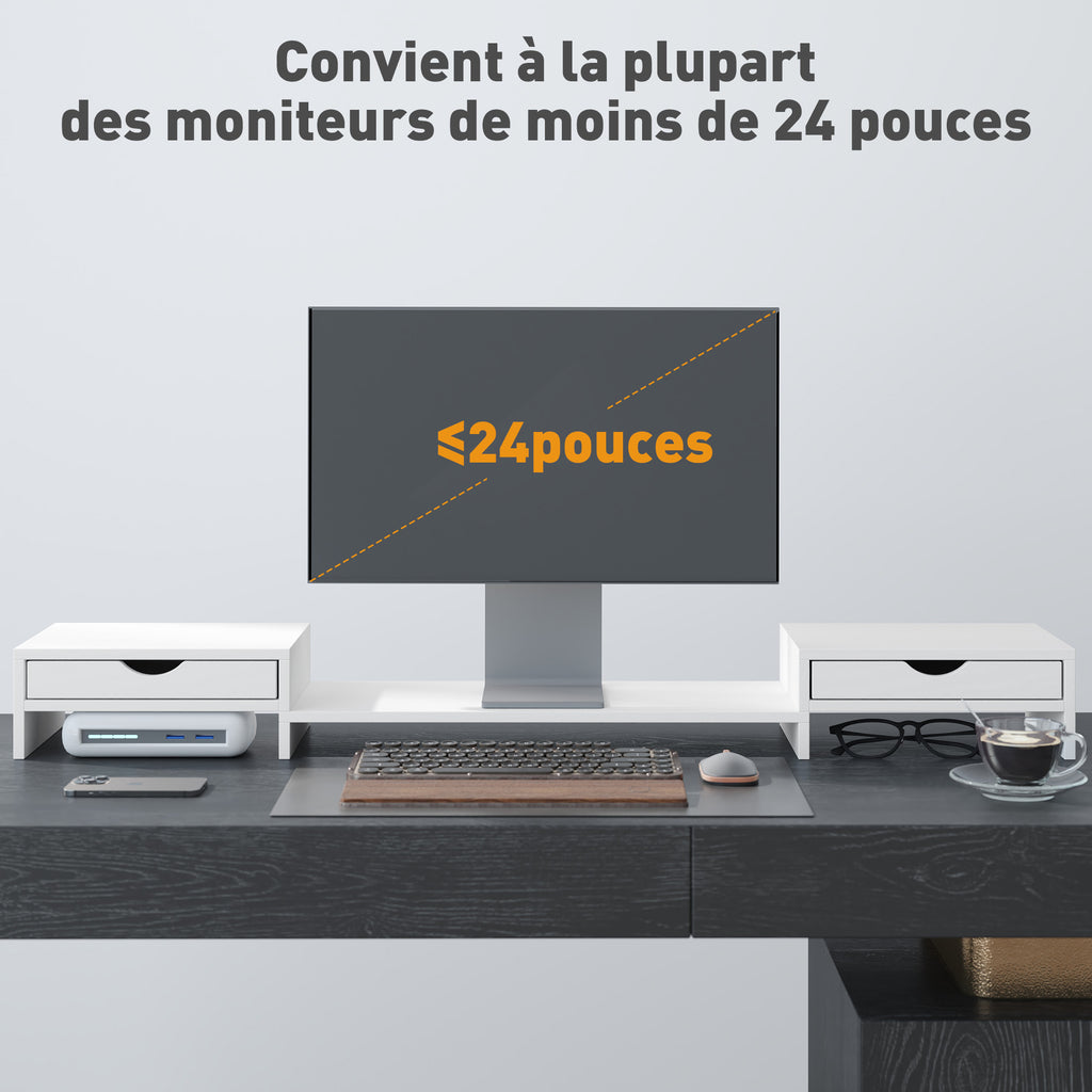 Rehausseur écran PC bureau support d'écran d'ordinateur de 60-116 cm avec 2 tiroirs, longueur et angle réglables-6