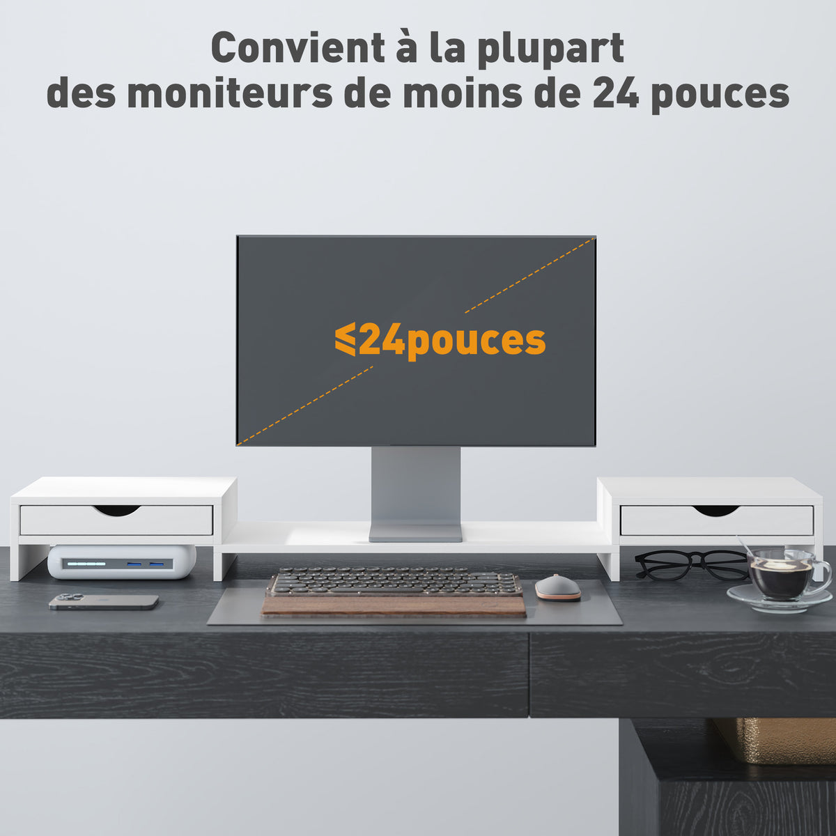 Rehausseur écran PC bureau support d'écran d'ordinateur de 60-116 cm avec 2 tiroirs, longueur et angle réglables-6
