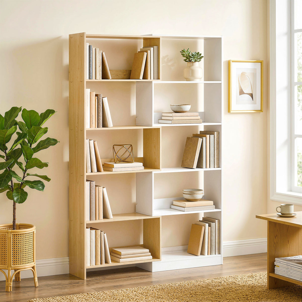 Bibliothèque d'angle rotative 350° à 5 niveaux, étagère de rangement extensible en forme L, 60-111x24x164cm, chêne-1