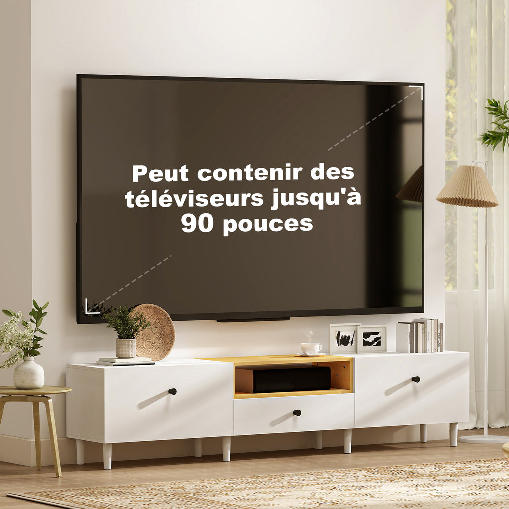 Meuble TV, meuble télé pour téléviseur jusqu'à 90 pouces avec 2 portes rabattables, tiroir, 200 x 35 x 45 cm, blanc-4