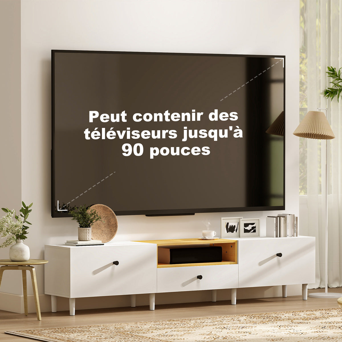 Meuble TV, meuble télé pour téléviseur jusqu'à 90 pouces avec 2 portes rabattables, tiroir, 200 x 35 x 45 cm, blanc-4