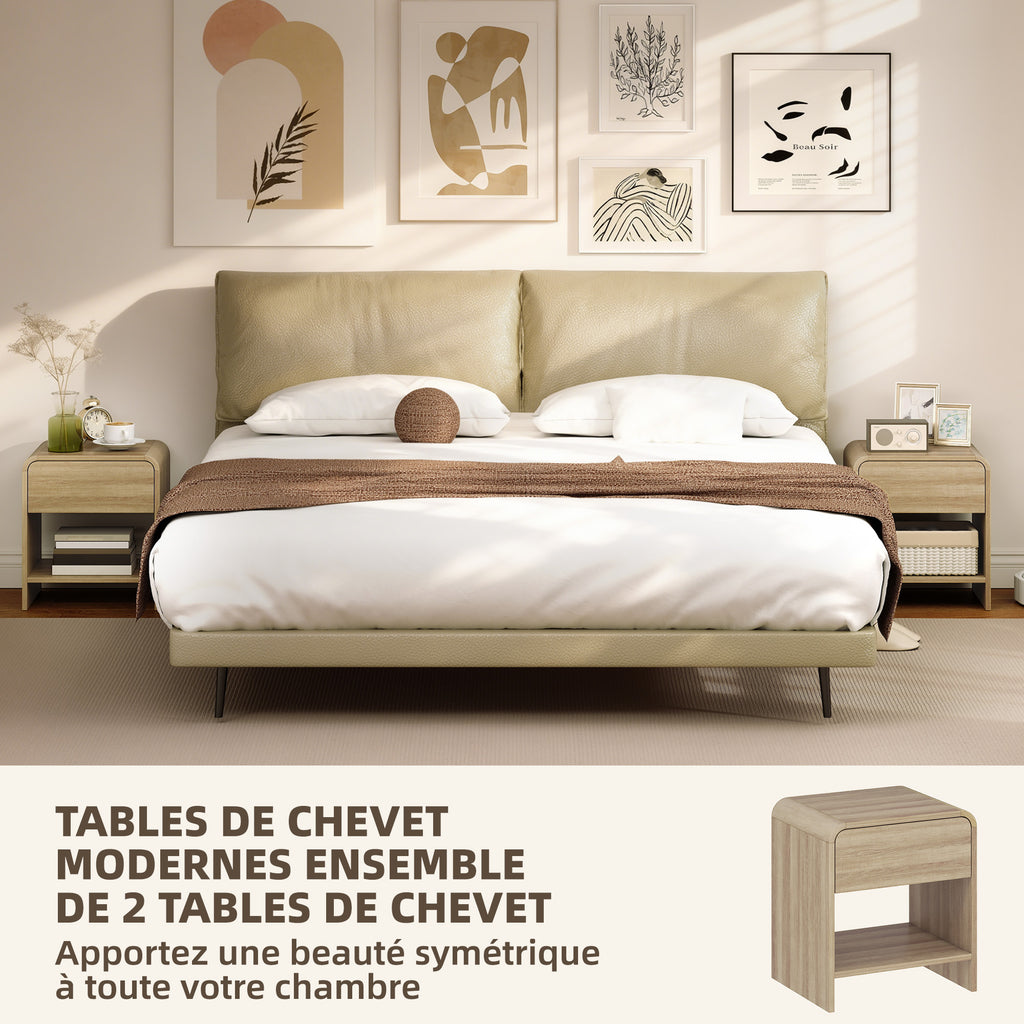 Lot de 2 Tables de Chevet, Compartiment Ouvert, Tiroir à Glissière Silencieuse, Style Scandinave, 40x35x45cm, Naturel-3