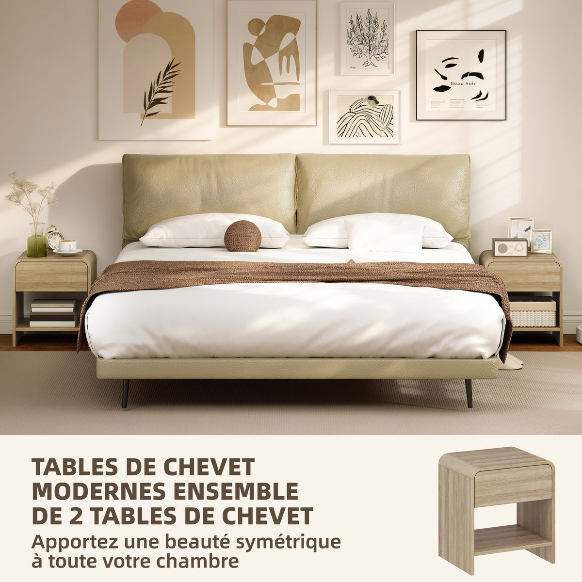 Lot de 2 Tables de Chevet, Compartiment Ouvert, Tiroir à Glissière Silencieuse, Style Scandinave, 40x35x45cm, Naturel-3