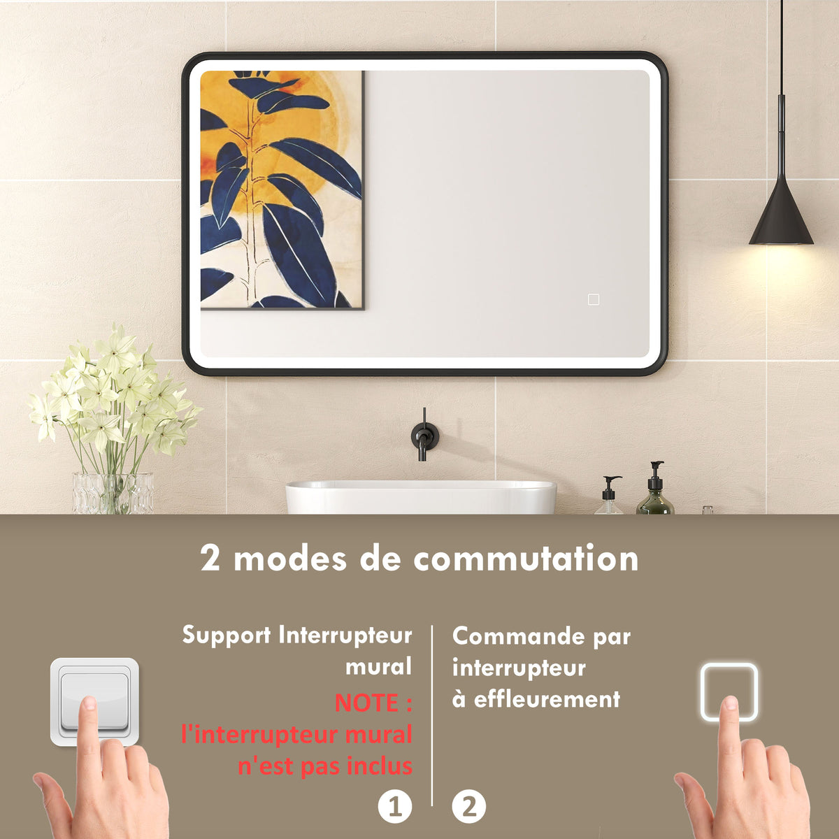 Miroir salle de bain avec éclairage 90 x 60 cm, miroir LED mural, anti-buée, 3 couleurs lumière, dimmable, noir-7
