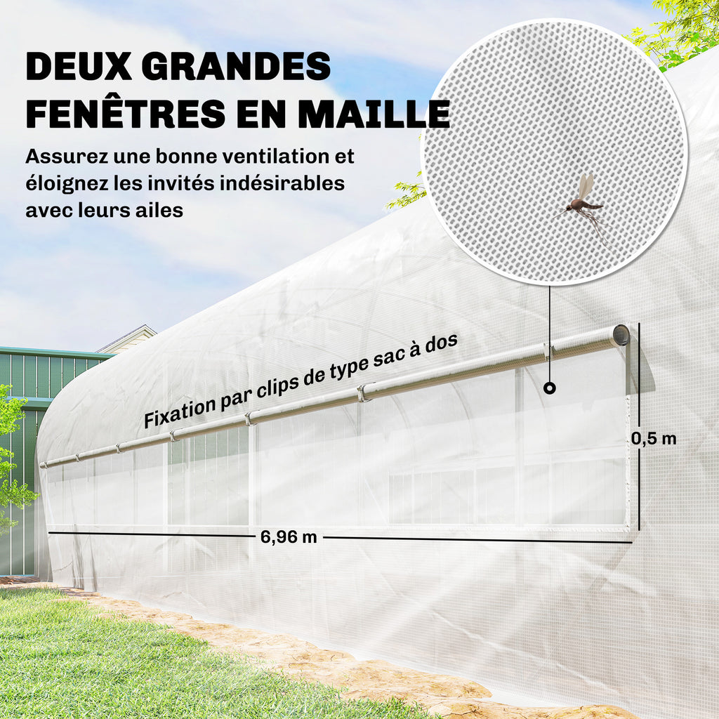 Serre tunnel de jardin 24m², serre de jardin tunnel avec cadre en acier galvanisé, portes et 2 grandes fenêtres, blanc-5