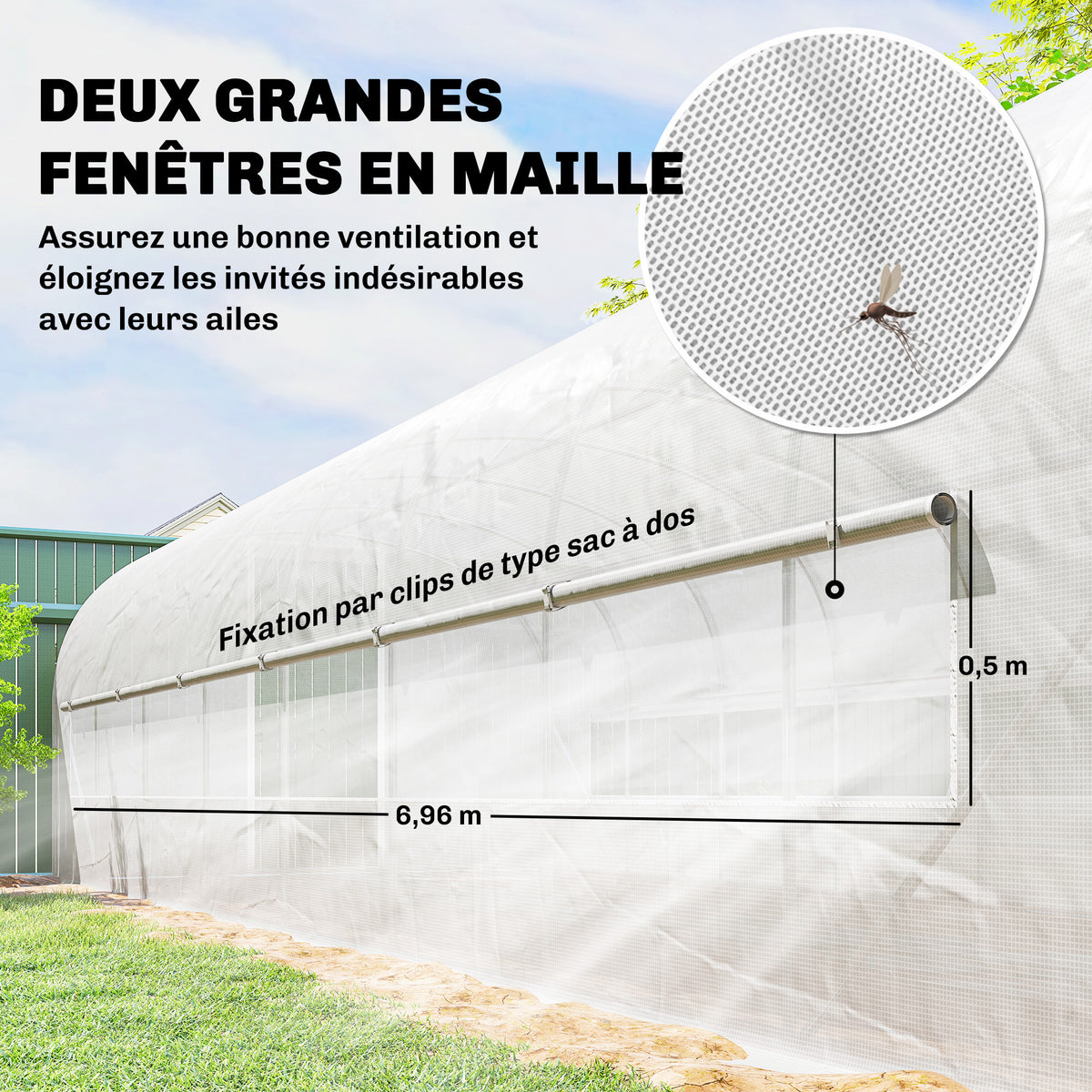 Serre tunnel de jardin 24m², serre de jardin tunnel avec cadre en acier galvanisé, portes et 2 grandes fenêtres, blanc-5