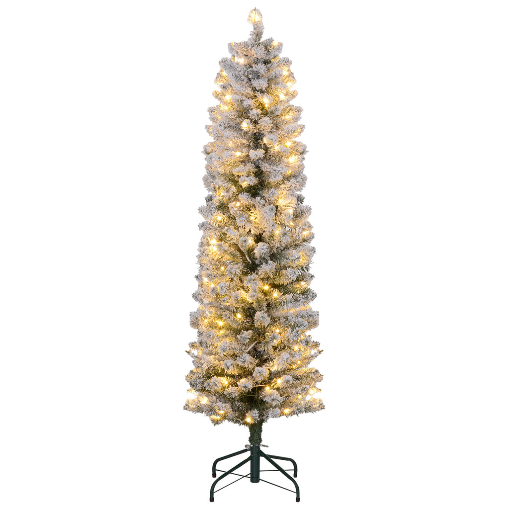 Sapin de Noël artificiel 150 cm avec éclairage LED blanc chaud, 263 branches enneigées, base en métal, réaliste et fin-0