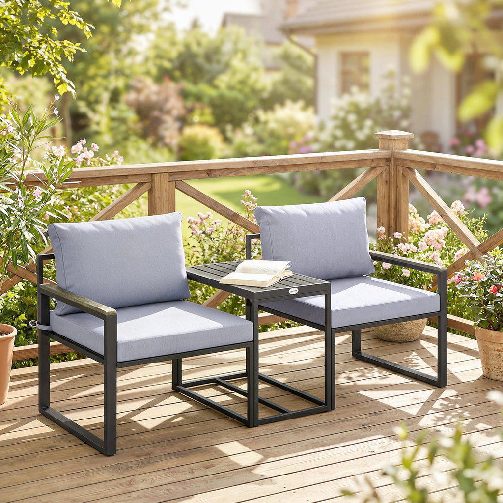 Salon de jardin 3 pièces coussins 14cm et accoudoirs en composite bois-plastique 2 fauteuils et table d'appoint gris-1