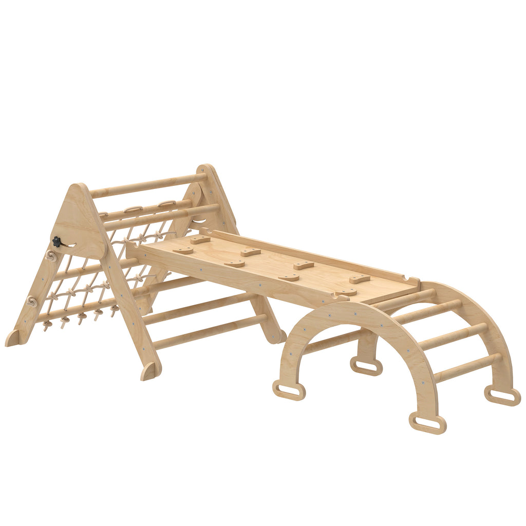 Triangle d'escalade enfants 8 en 1 avec rampe double face, arc d'escalade en bois avec toboggan & échelle, naturel-0
