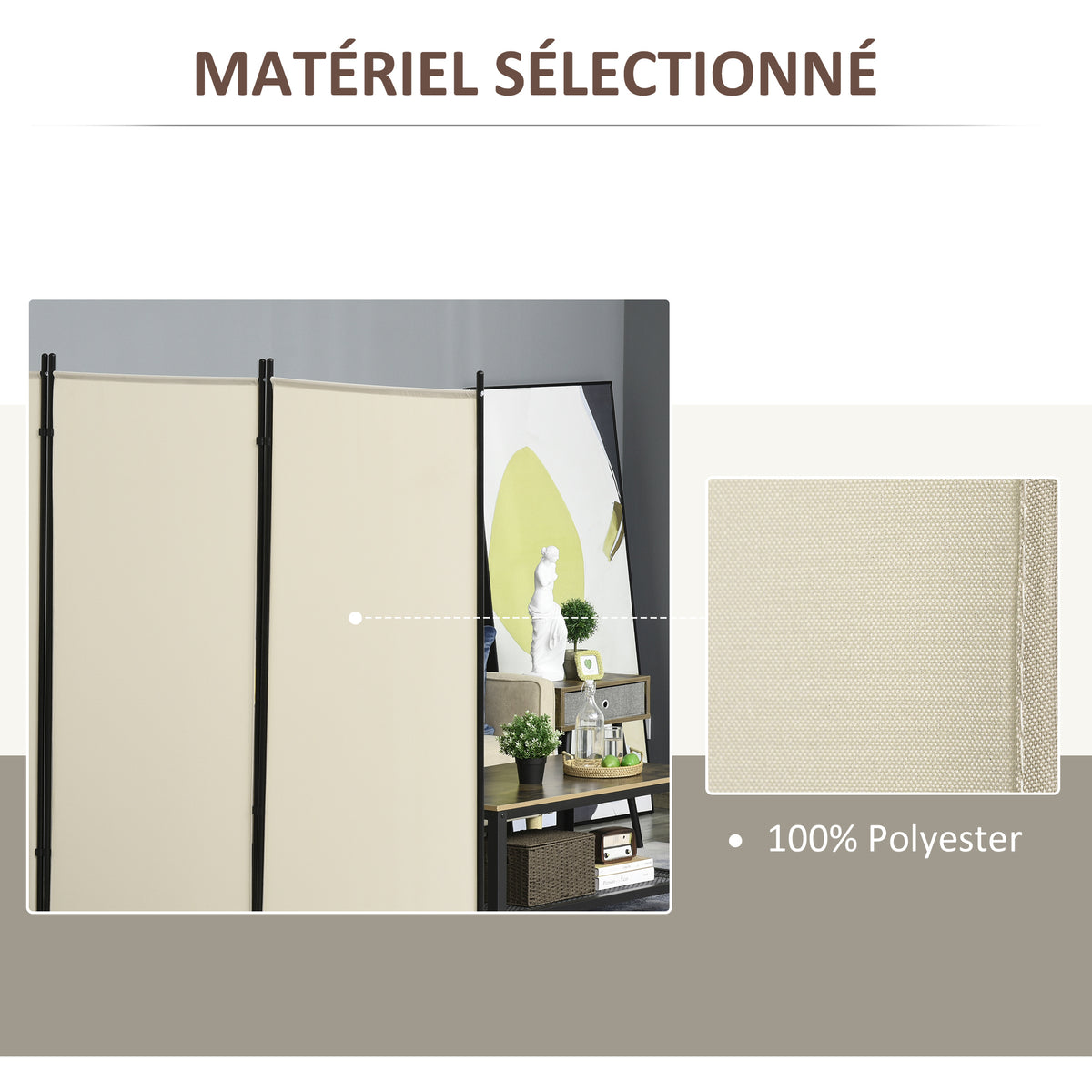 Paravent 3 panneaux dim. 2,53L x 0,5l x 1,82H m Store latéral Brise-Vue paravent sur Pied séparateur métal Polyester-4