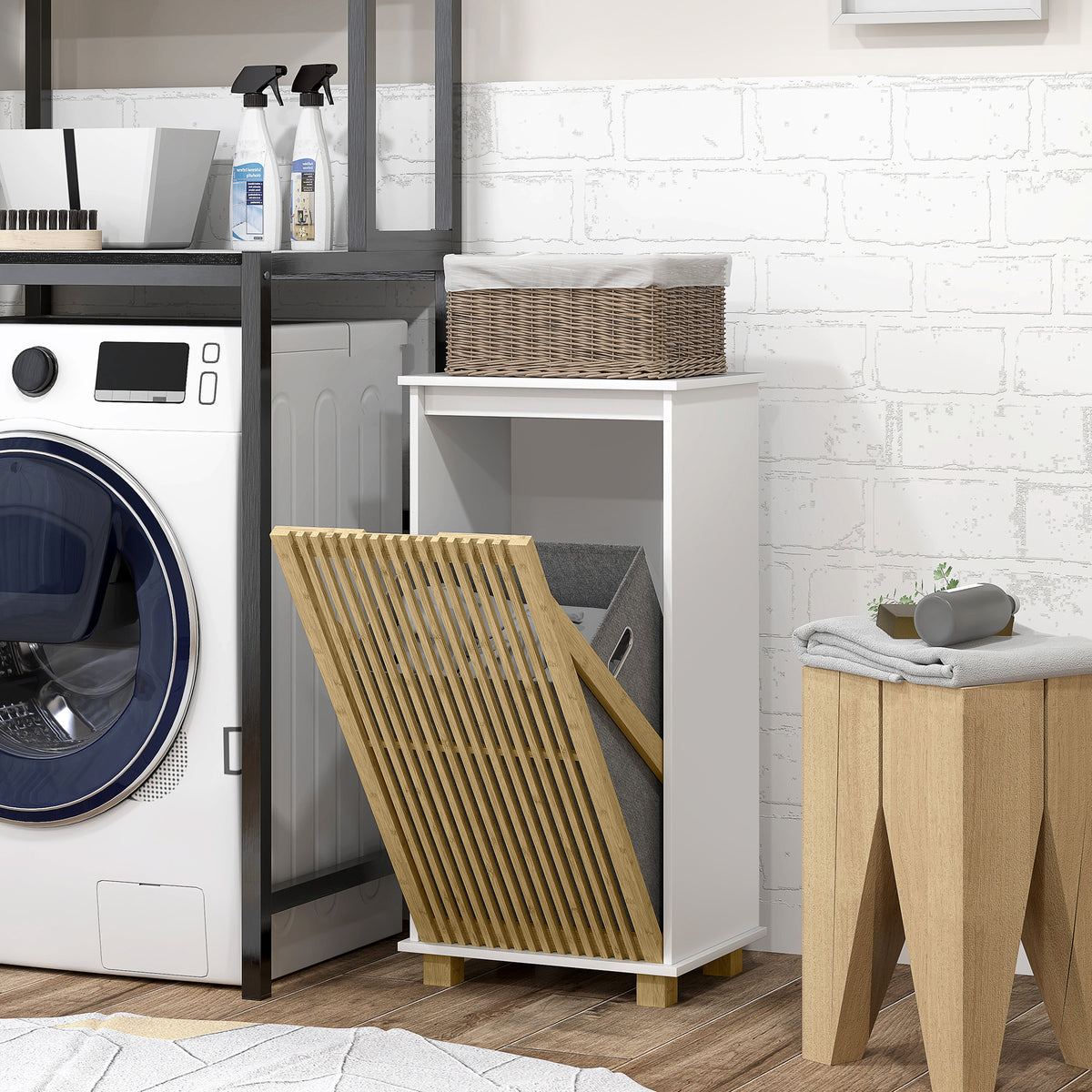 Meuble salle de bain avec panier à linge, porte à lattes en bambou et sac amovible, blanc et effet bois naturel-1